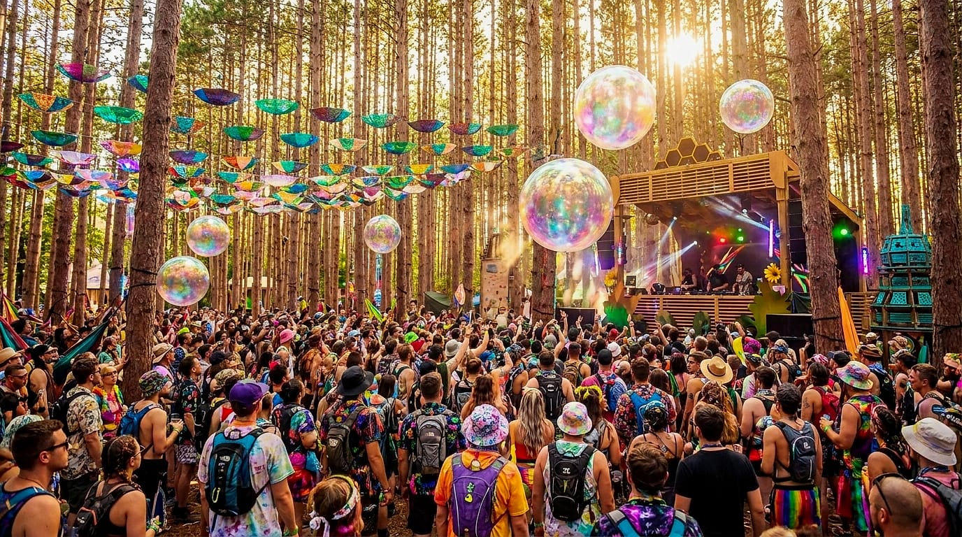 Golden-hour festival campground in a pine forest